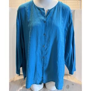 Eileen Fisher Womens 1X Blue Silk Cotton Blend Minimalist Button Front Blouse